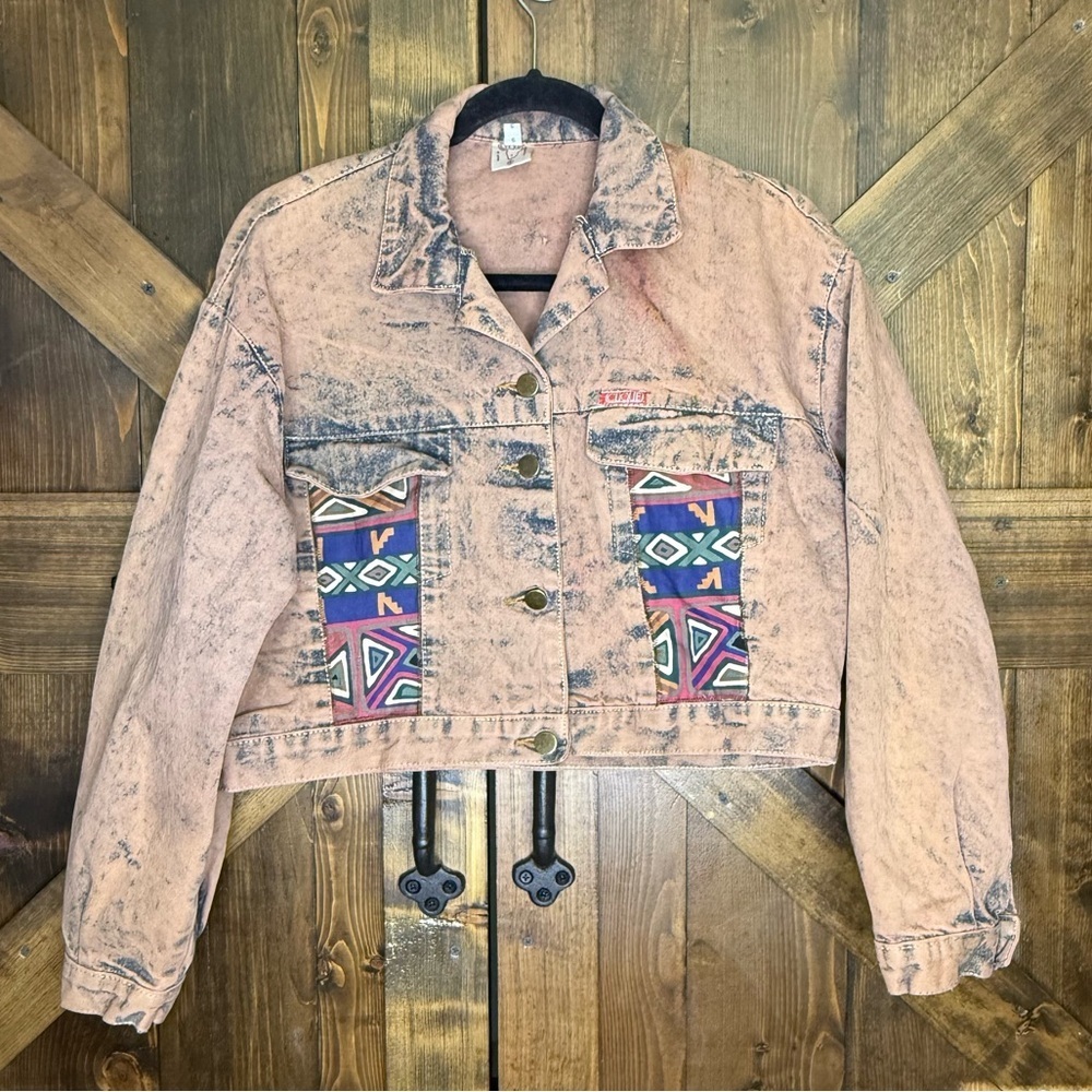 Vintage 80s Acid Wash Southwestern Print Cropped Art to Wear Denim Jacket Size S